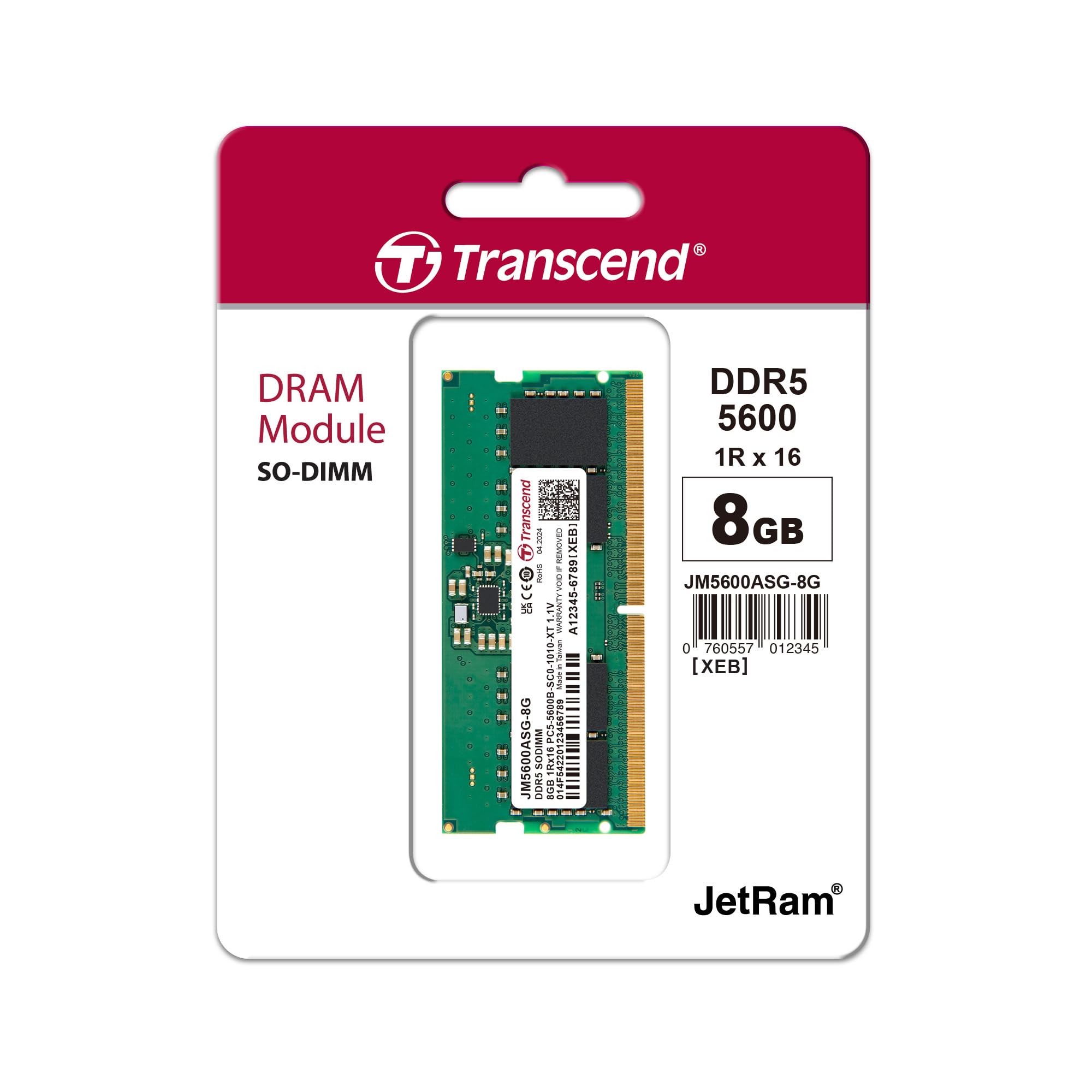 Transcend Jet Memory 8GB DDR5-5600 SO-DIMM 2RX8 CL46 (1Gx16)x4